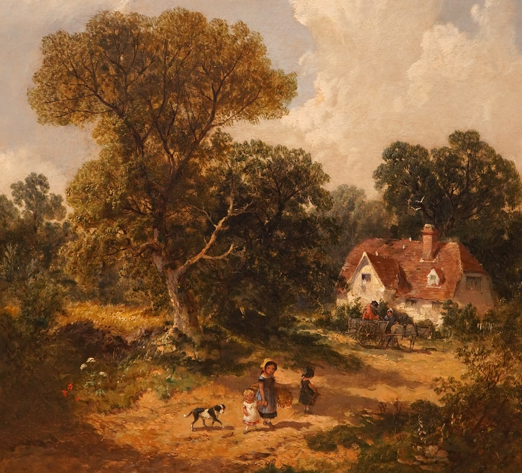 James Edwin Meadows (1828-1888), ‘Wooded Landscape with Peasants & Donkey Cart before a Cottage’, signed and dated 1861, ex. Stacy Marks, oil on canvas, ornate gilt framed, 40 x 34cm